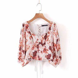 Floral Lace-up Back Long-sleeve Blouse