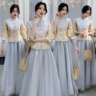 Elbow-sleeve Embroidered A-line Chinese Bridesmaid Dress
