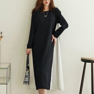Round-neck Contrast-godet Midi Dress