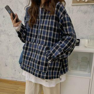 Long-sleeve Plaid Half-zip Top