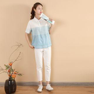 Short-sleeve Indigo Dyed Polo Shirt Blue & White - One Size