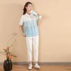 Short-sleeve Indigo Dyed Polo Shirt Blue & White - One Size