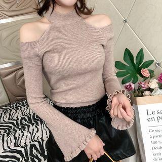 Long-sleeve Cutaway-shoulder Knit Ruffled Top