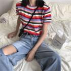 Short-sleeve Striped T-shirt / Ripped Straight-fit Jeans