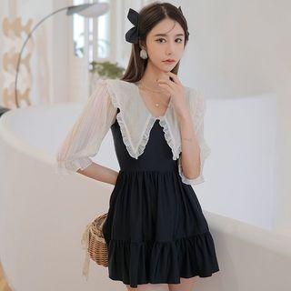 Set: Elbow-sleeve Collar Two-tone Swim Dress + Shorts