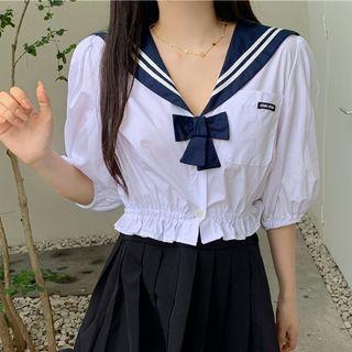 Puff-sleeve Sailor Collar Frill Trim Crop Top White - One Size