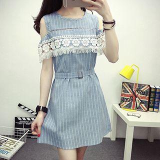 Crochet Trim Striped Cut Out Shoulder Short Sleeve Dress