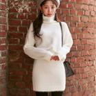 Set: Turtle-neck Furry-knit Top + Mini Skirt