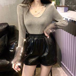 Long-sleeve Cross-strap Rhinestone Top