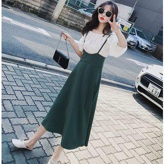 Set: Short-sleeve Top + A-line Midi Jumper Skirt