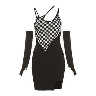Set: Plaid Strappy Mini Bodycon Dress + Plain Fingerless Gloves