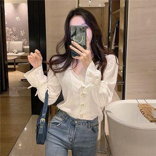 V-neck Tie-cuff Shirred Blouse