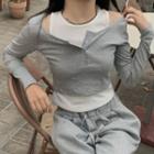 Mock Two-piece Cold-shoulder T-shirt Gray & White - One Size