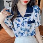 Puff-sleeve Lapel Faux Pearl Panel Floral Shirt