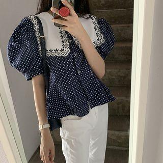 Puff-sleeve Collared Polka Dot Blouse As Shown In Figure - One Size