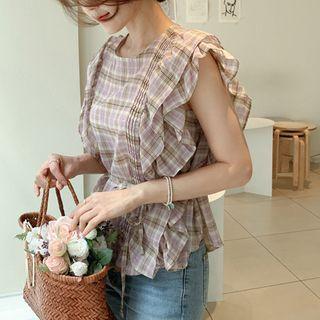 Sleeveless Ruffled Plaid Blouse With Sash