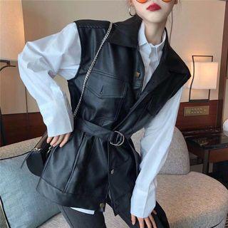 Plain Shirt / Faux Leather Buttoned Vest
