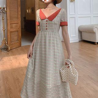 Contrast Trim Plaid Dress
