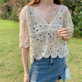 V-neck Eyelet-knit Top