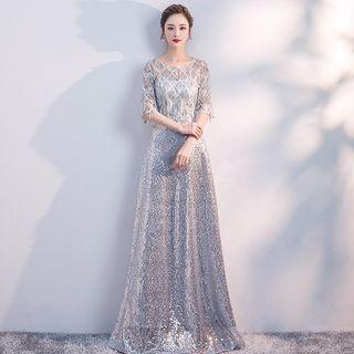 Elbow-sleeve Fringed Glitter A-line Evening Gown