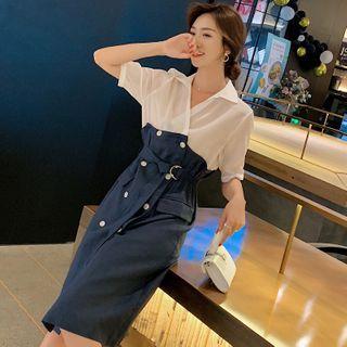 Two-tone Double-breasted Elbow-sleeve Midi A-line Dress