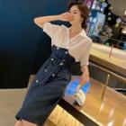 Two-tone Double-breasted Elbow-sleeve Midi A-line Dress
