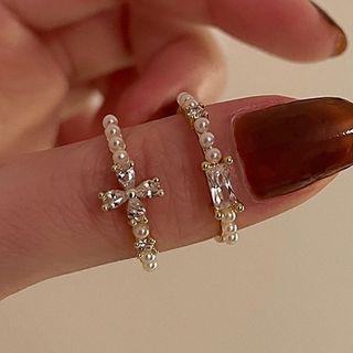Cross / Rhinestone Faux Pearl Ring / Set