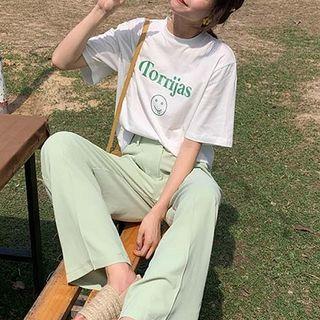 Lettering Short-sleeve T-shirt / High-waist Wide-leg Pants