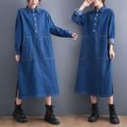 Long-sleeve Denim Midi Shirt Dress Blue - One Size