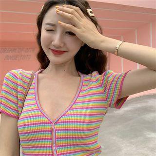V-neck Striped Crop Top As Figure - One Size