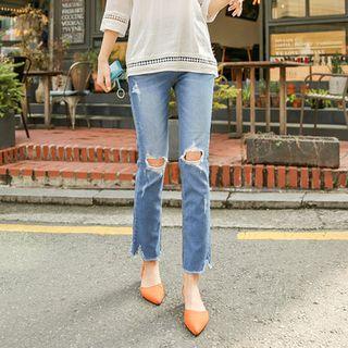 Band-waist Distressed Straight-cut Jeans