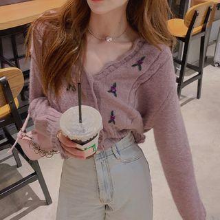 Embroidered Buttoned Knit Top Purple - One Size