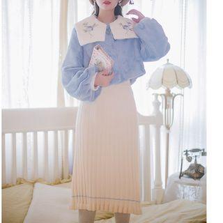 Long-sleeve Floral Embroidered Fluffy Crop Top / Midi Pencil Skirt