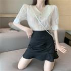 Short-sleeve Striped Blouse / Mini Skirt