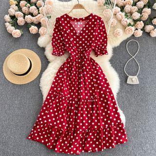 V-neck Dots Short-sleeve Dress