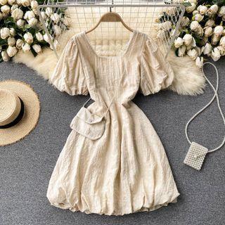 Square-neck Puff-sleeve Dress + Crossbody Bag