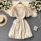 Square-neck Puff-sleeve Dress + Crossbody Bag