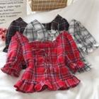 Plaid Square Neck Lace Up Puff-sleeve Blouse