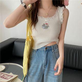 Embroidered Lace Trim Knit Tank Top
