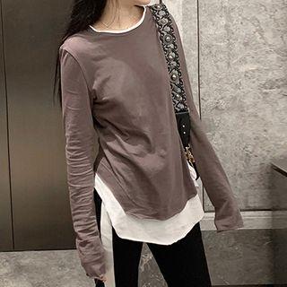 Mock Two-piece Long-sleeve Top Dark Gray - One Size