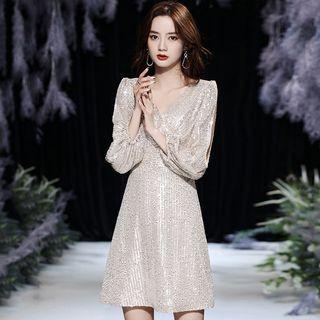 3/4-sleeve Sequin Cutout Mini A-line Cocktail Dress
