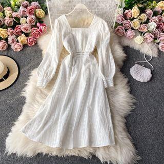 Square-neck Plain Long-sleeve Midi Dress