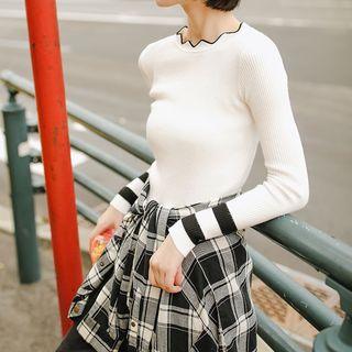 Wave Neckline Knit Top White - One Size