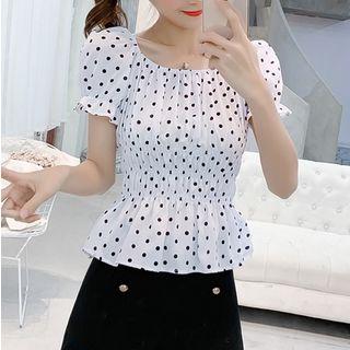 Dotted Puff-sleeve Peplum Chiffon Top