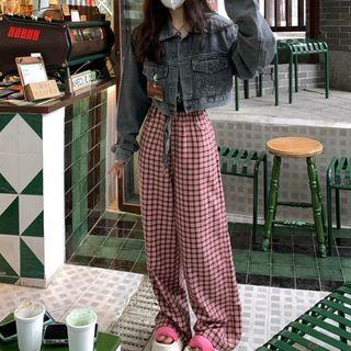 Plaid Wide Leg Pants Check - Pink - One Size