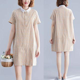 Short-sleeve Plaid Sheath Mini Dress