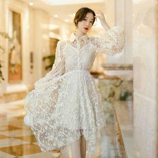 Collared A-line Lace Asymmetric Hem Dress