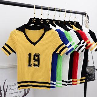 Number Print Short-sleeve Polo Knit Top