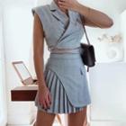 Sleeveless Notch Lapel Crop Top / Pleated Mini A-line Skirt