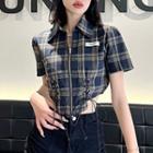 Short-sleeve Lace Up Plaid Zipped Crop Shirt